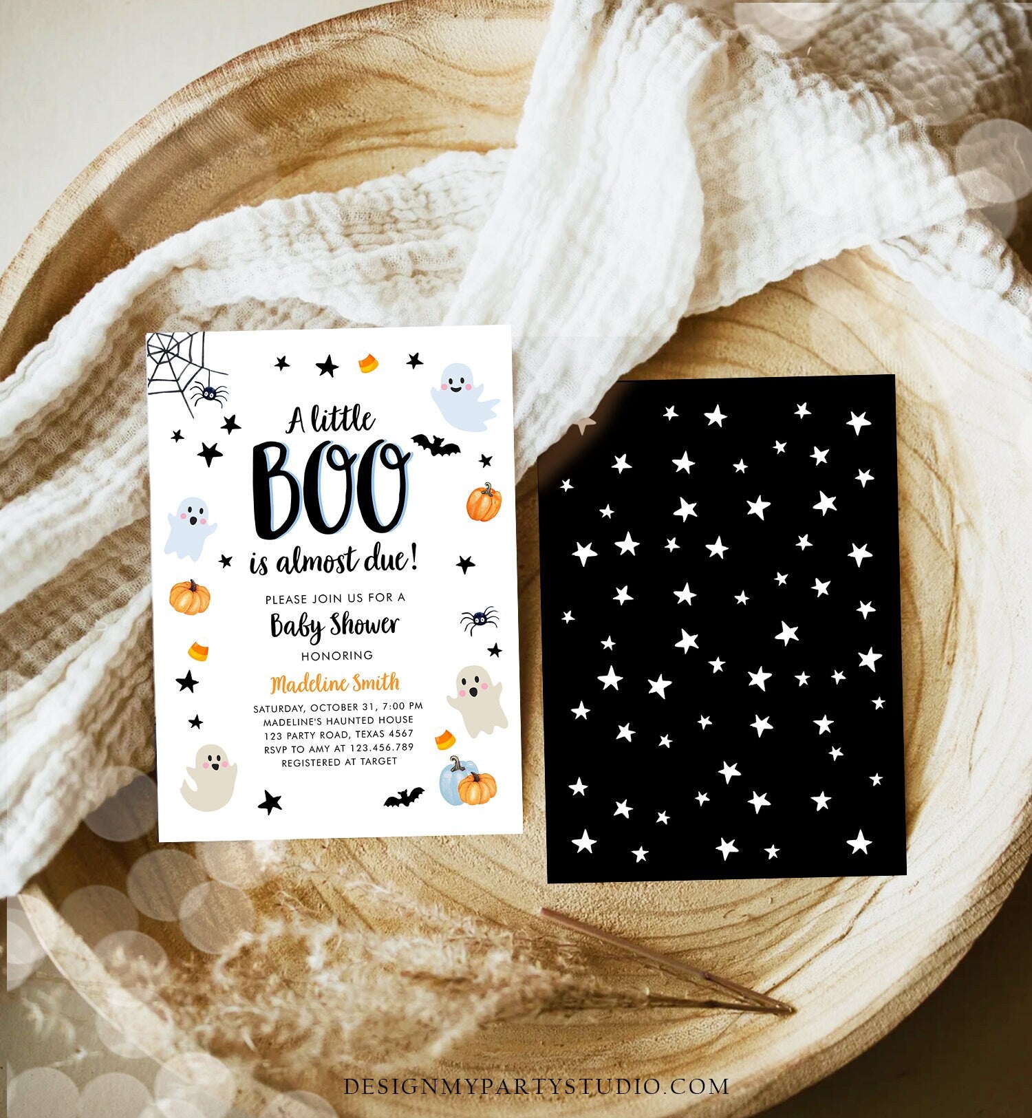 Editable Little Boo Baby Shower Invitation Cute Halloween Baby Shower Couples Shower Invite Blue Ghost Boy Printable Template Corjl 0418