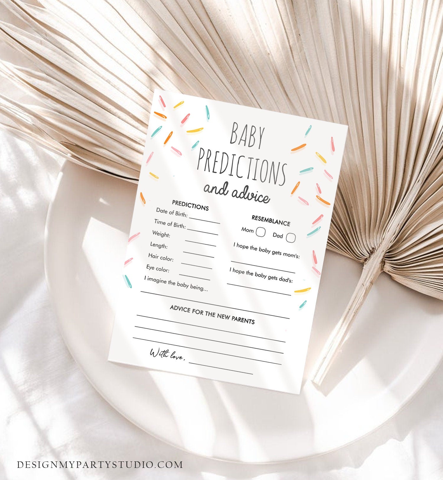 Editable Baby Predictions and Advice for Parents Sprinkle Game Baby Shower Gender Neutral Sprinkles Rainbow Corjl Template Printable 0216