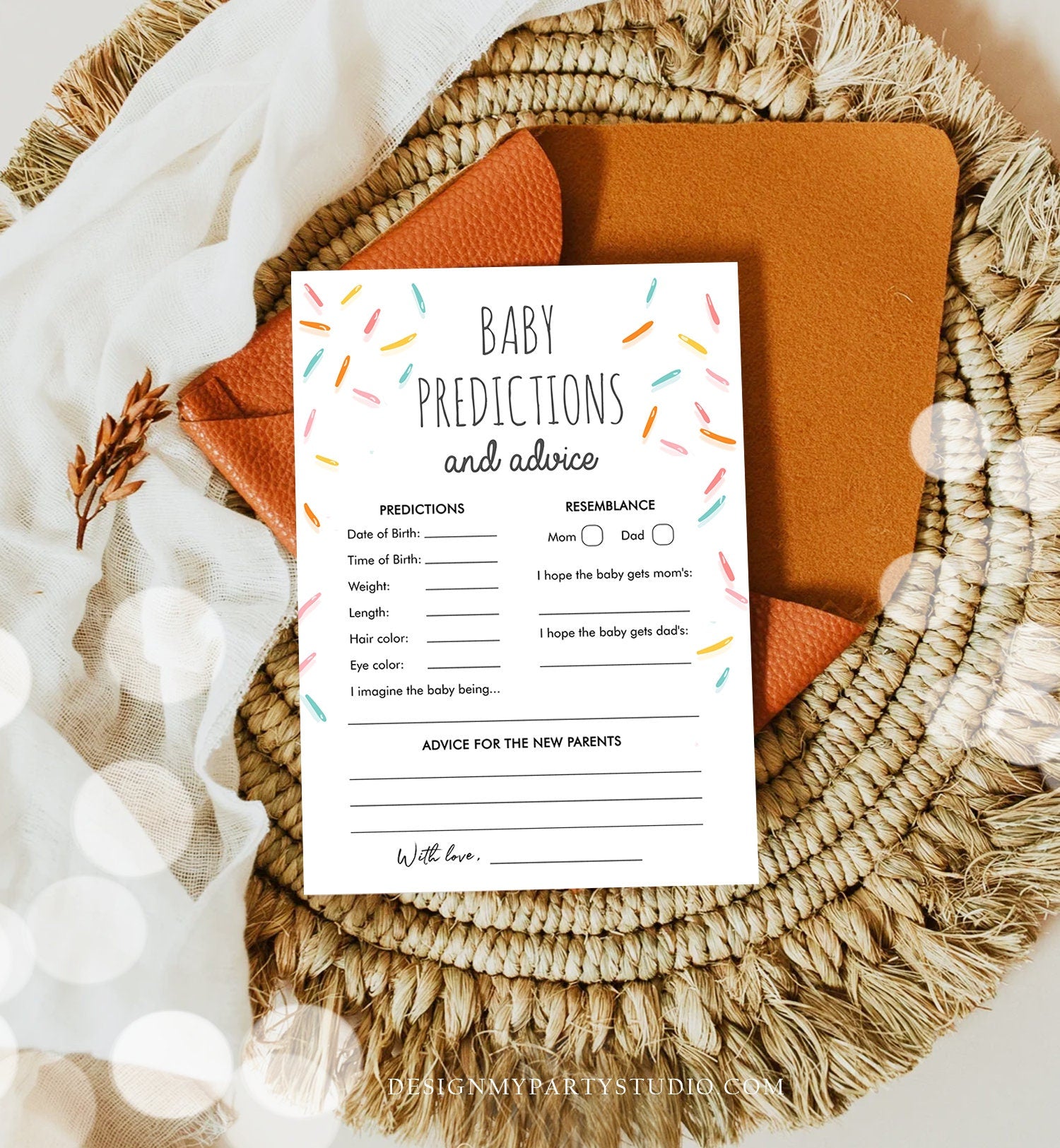 Editable Baby Predictions and Advice for Parents Sprinkle Game Baby Shower Gender Neutral Sprinkles Rainbow Corjl Template Printable 0216