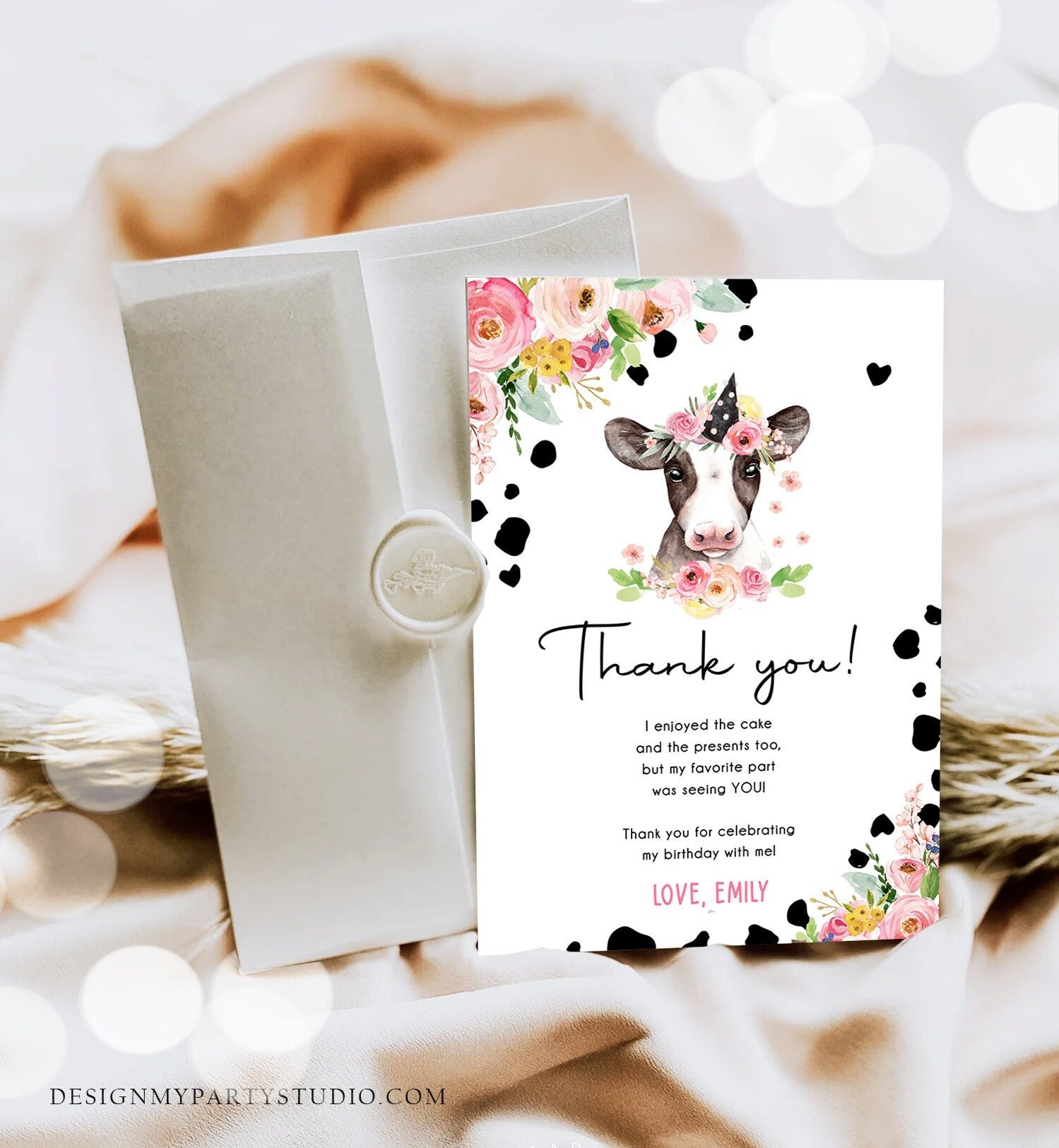 Editable Cow Thank You Card Birthday Girl Farm Animals Pink Floral Barnyard Party Holy Cow Party 1st Download Printable Template Corjl 0434