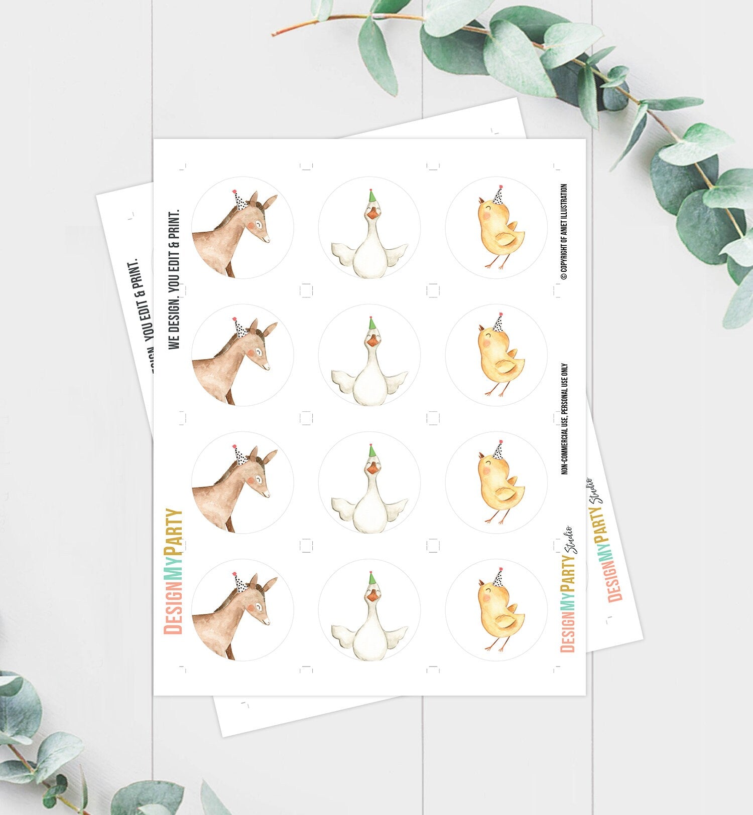 Farm Animals Cupcake Toppers Party Animals Horse Donkey Goose Chicken Tag Barn Party Decor Stickers Digital Instant Download Printable 0155