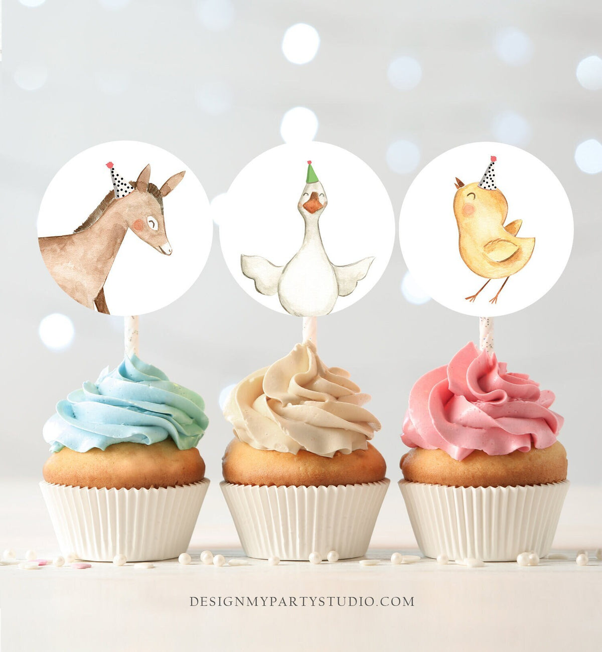 Farm Animals Cupcake Toppers Party Animals Horse Donkey Goose Chicken Tag Barn Party Decor Stickers Digital Instant Download Printable 0155