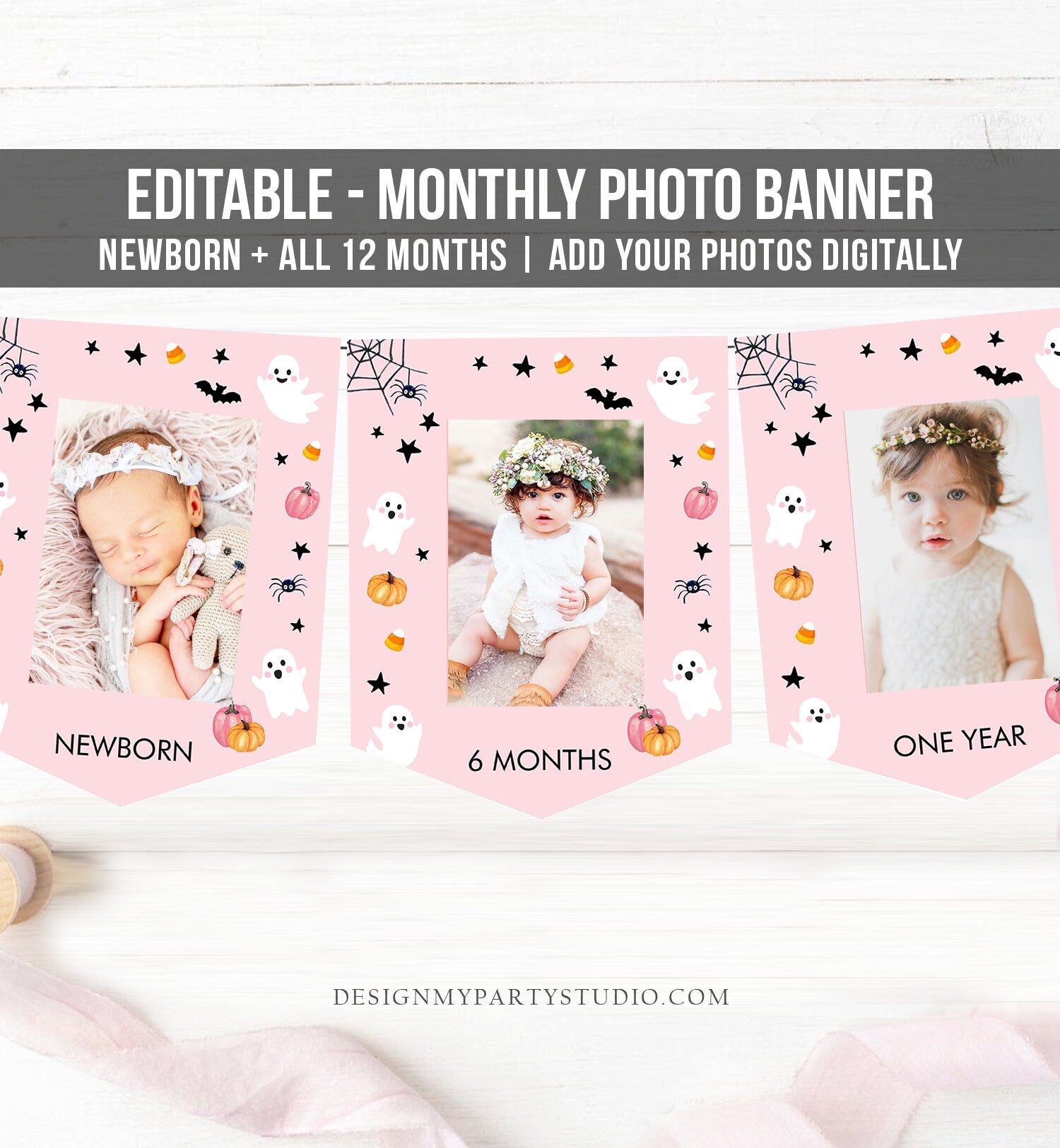 Editable Pink Halloween Ghost First Birthday Banner Monthly Photo Banner Spooky One 1st Spooktacular Girl Corjl Template Printable 0418