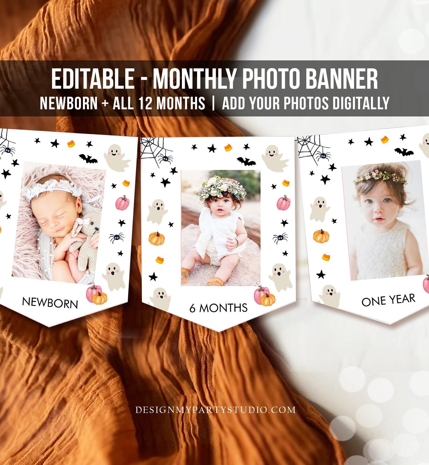 Editable Pink Halloween Ghost First Birthday Banner Monthly Photo Banner Spooky One 1st Spooktacular Girl Digital Template Printable 0418