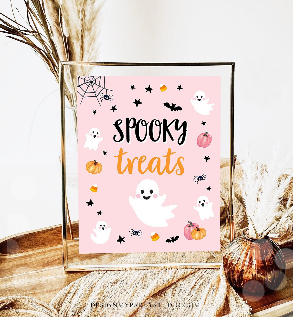 Spooky Treats Sign Table Decor Halloween Ghost Party Sign Pink Ghost Spooktacular Halloween Birthday Sign Digital Download Printable 0418