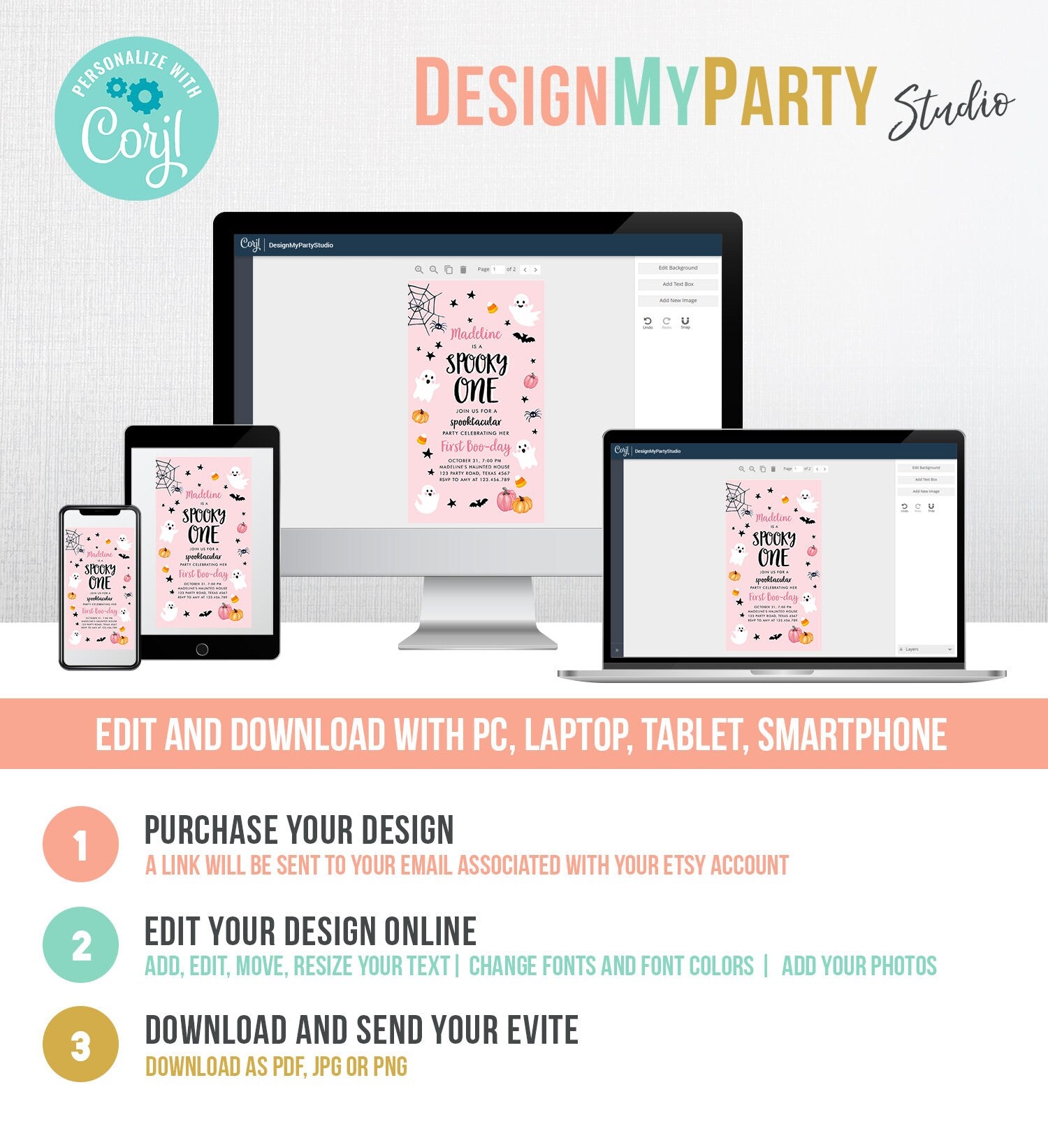 Editable Halloween 1st Birthday Evite Pink Ghost Party Girl First Kid Spooktacular Spooky One Phone Digital Template Template Corjl 0418