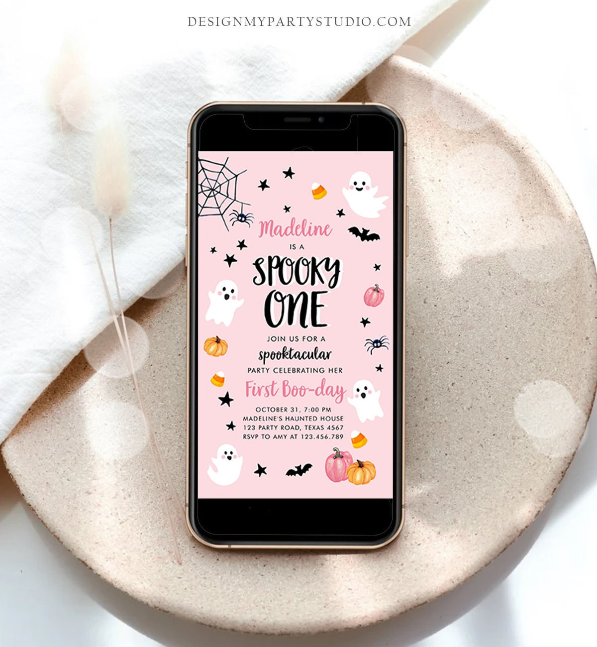 Editable Halloween 1st Birthday Evite Pink Ghost Party Girl First Kid Spooktacular Spooky One Phone Digital Template Template Corjl 0418