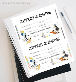 Pet Adoption Certificate Puppy Adoption Dog Birthday Party Boy Blue Adopt A Pet Vet Puppy Adoption Instant Download Digital PRINTABLE 0429