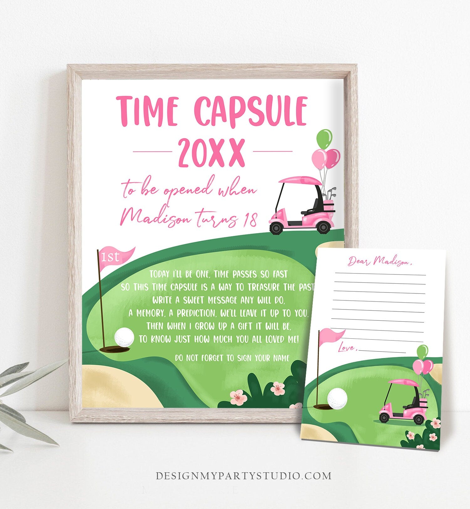 Editable Pink Golf Time Capsule First Birthday Party Hole in One Birthday First Par-tee Guestbook Golfing Girl Template Printable Corjl 0405