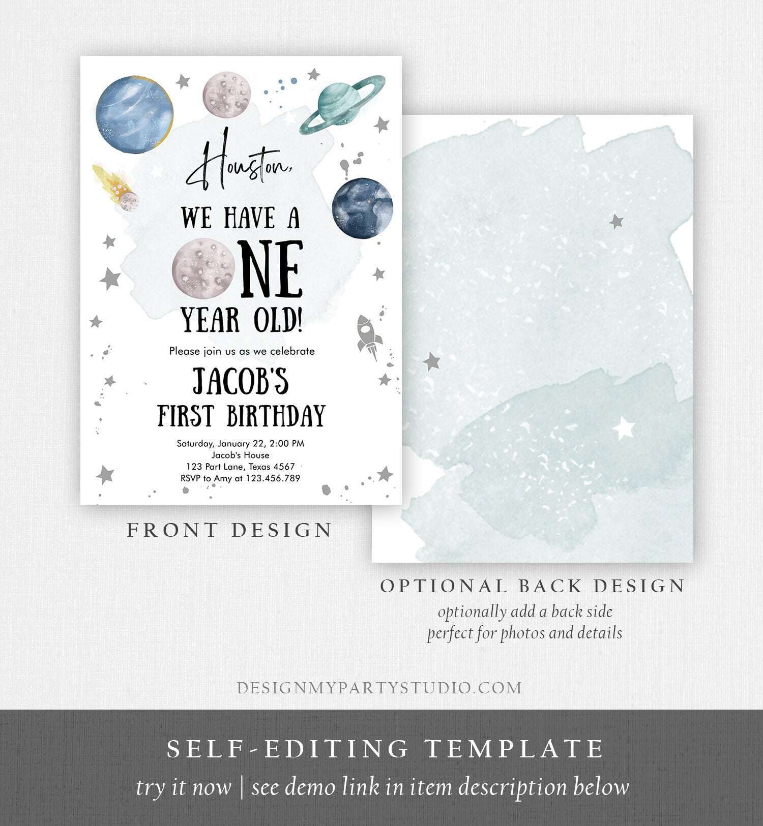 Editable Outer Space First Birthday Invitation Galaxy Houston Trip Around the Sun One Silver Download Printable Template Digital Corjl 0357