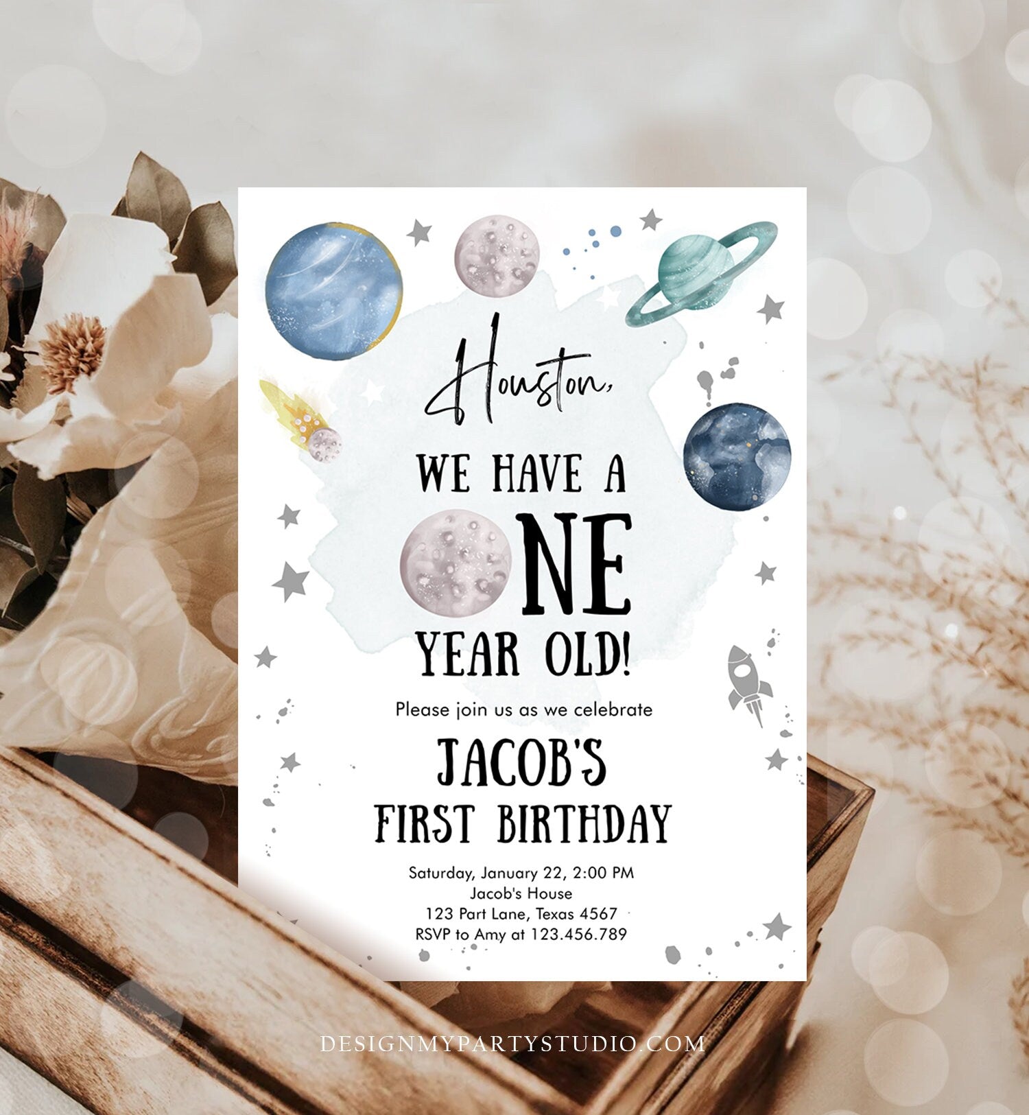 Editable Outer Space First Birthday Invitation Galaxy Houston Trip Around the Sun One Silver Download Printable Template Digital Corjl 0357