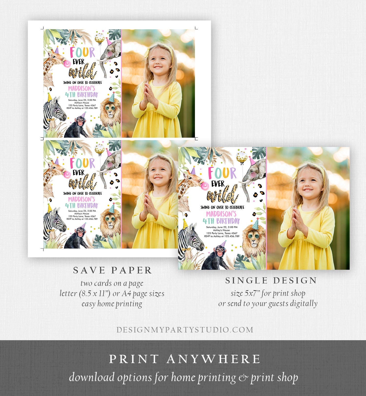 Editable Four Ever Wild Birthday Invitation Leopard Safari Animals Zoo 4th Birthday Party Animals Download Printable Template Corjl 0417