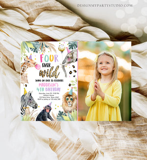 Editable Four Ever Wild Birthday Invitation Leopard Safari Animals Zoo 4th Birthday Party Animals Download Printable Template Corjl 0417