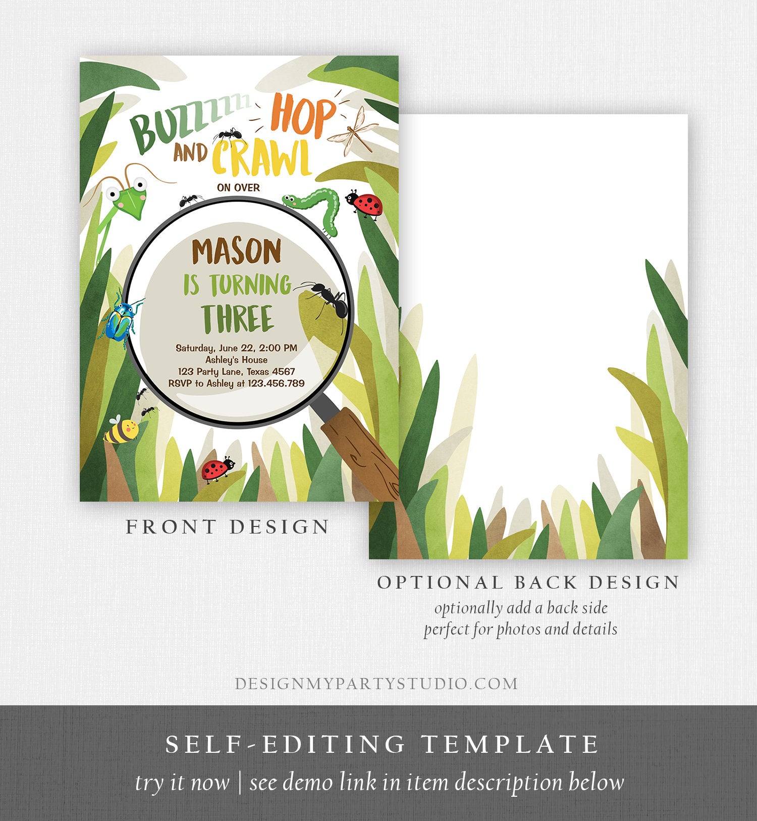 Editable Bug Birthday Invitation Insect Party Bugging Outdoor bug Hunt Bugs Boy Download Printable Invitation Template Digital Corjl 0090