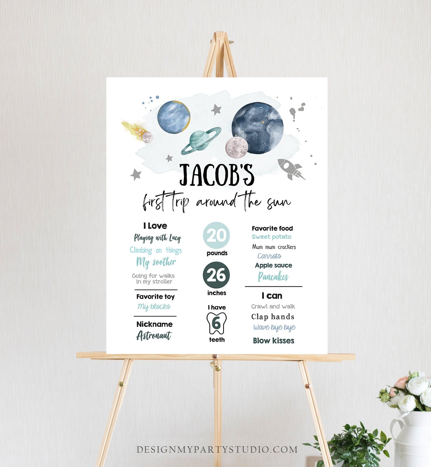 Editable Outer Space Birthday Milestones Sign First Trip Around the Sun Boy 1st Birthday Silver Galaxy Planets Template Printable Corjl 0357