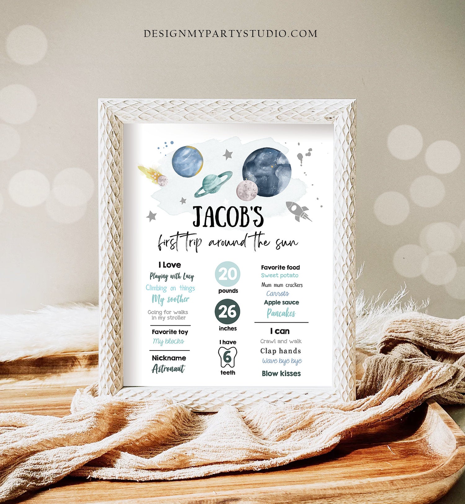 Editable Outer Space Birthday Milestones Sign First Trip Around the Sun Boy 1st Birthday Silver Galaxy Planets Template Printable Corjl 0357