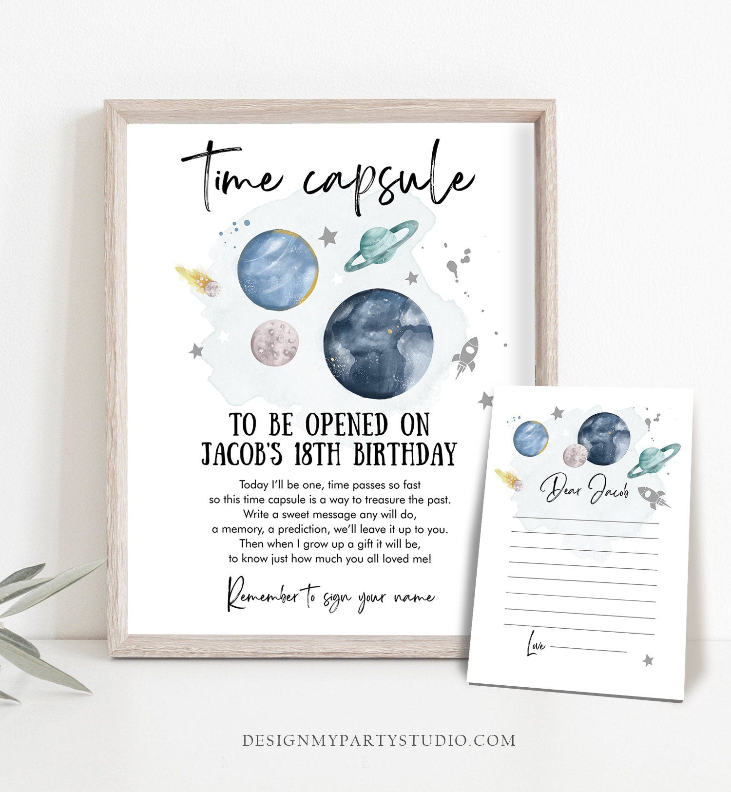 Editable Outer Space Time Capsule First Birthday Party Astronaut Silver Space Birthday Moon Planets Guestbook Template Printable Corjl 0357