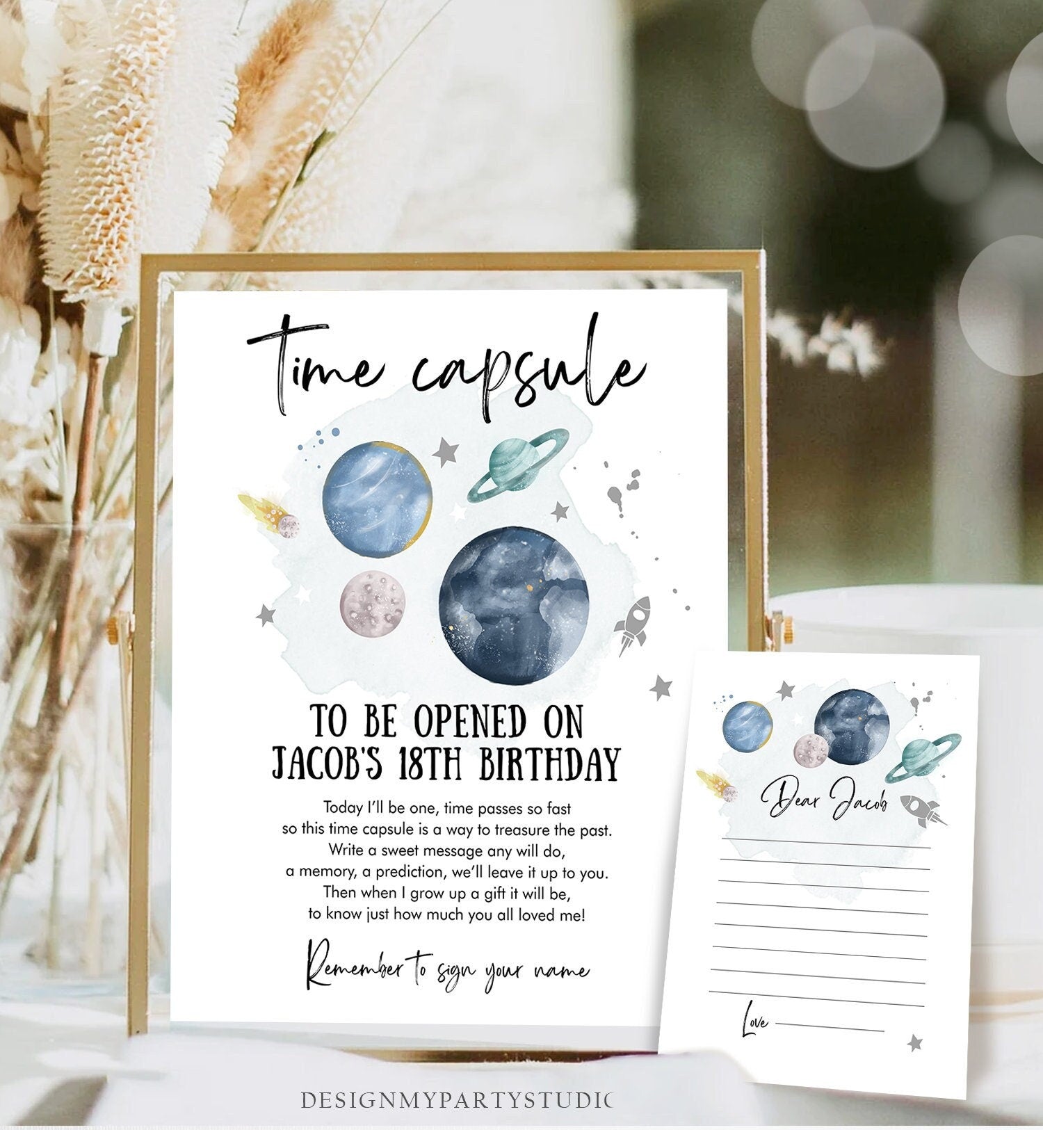 Editable Outer Space Time Capsule First Birthday Party Astronaut Silver Space Birthday Moon Planets Guestbook Template Printable Corjl 0357