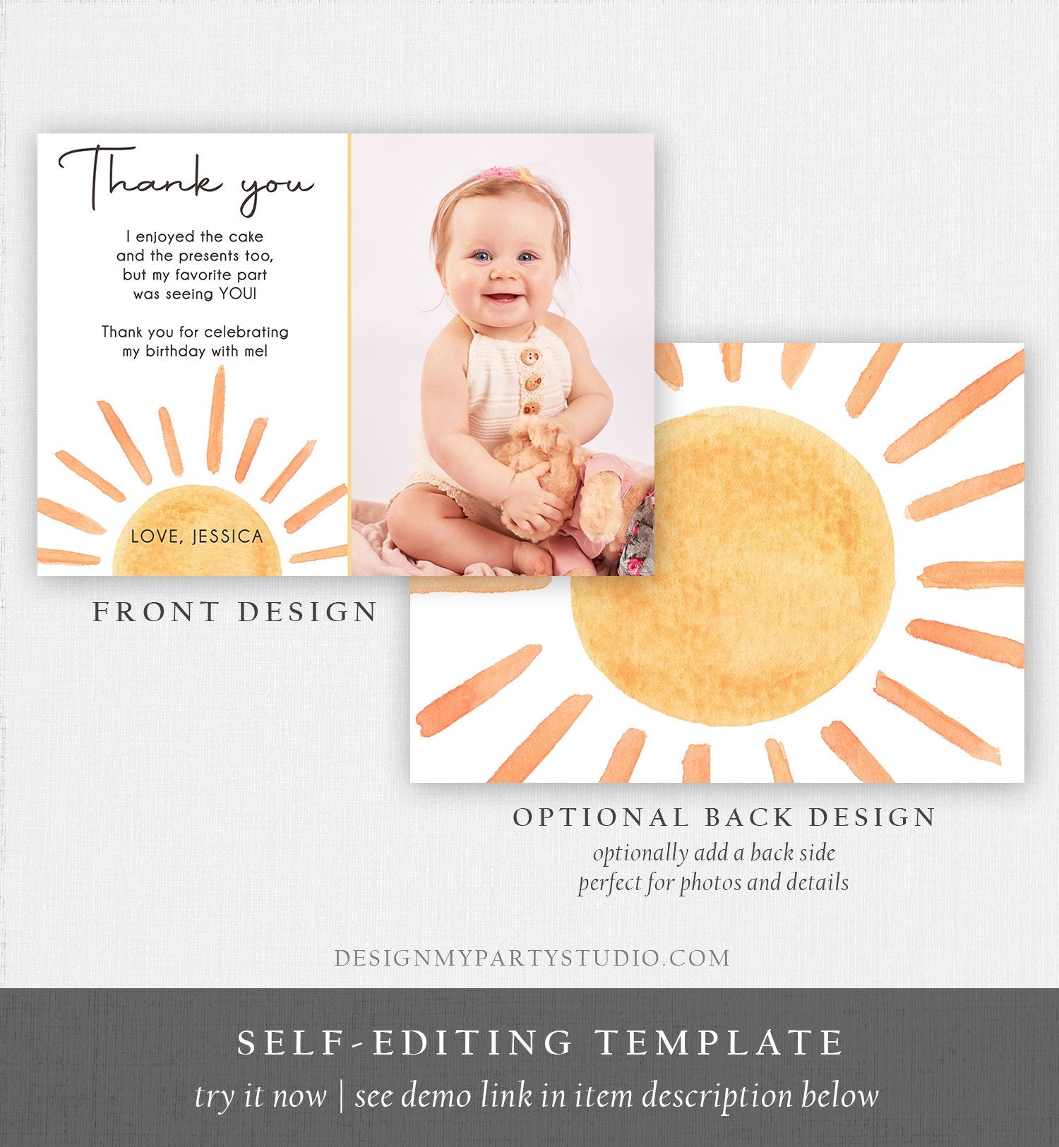 Editable Sun Thank You Card Sun Birthday Party Thank You Note Sunshine 1st Trip Around the Sun First Printable Template Corjl Digital 0431