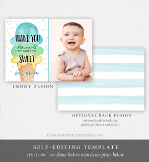 Editable Ice Cream Thank You Card Ice Cream Birthday Thank You Note Boy Birthday Summer Download Printable Template Digital Corjl 0243