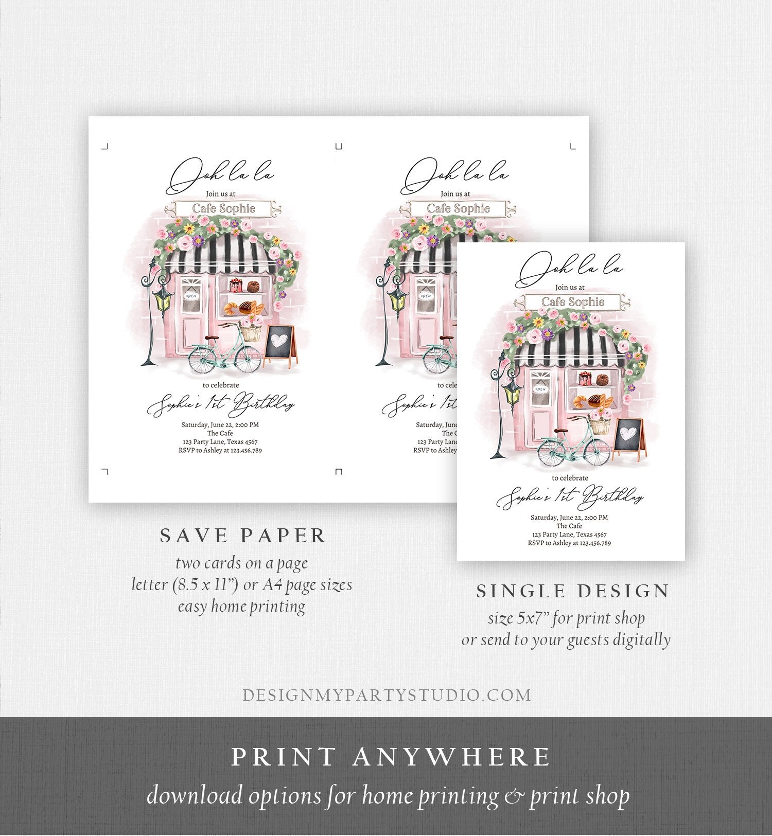 Editable Paris Birthday Invitation Girl Tea Party Invite Pink Floral French Parisian Cafe Patisserie Printable Template Corjl Digital 0441