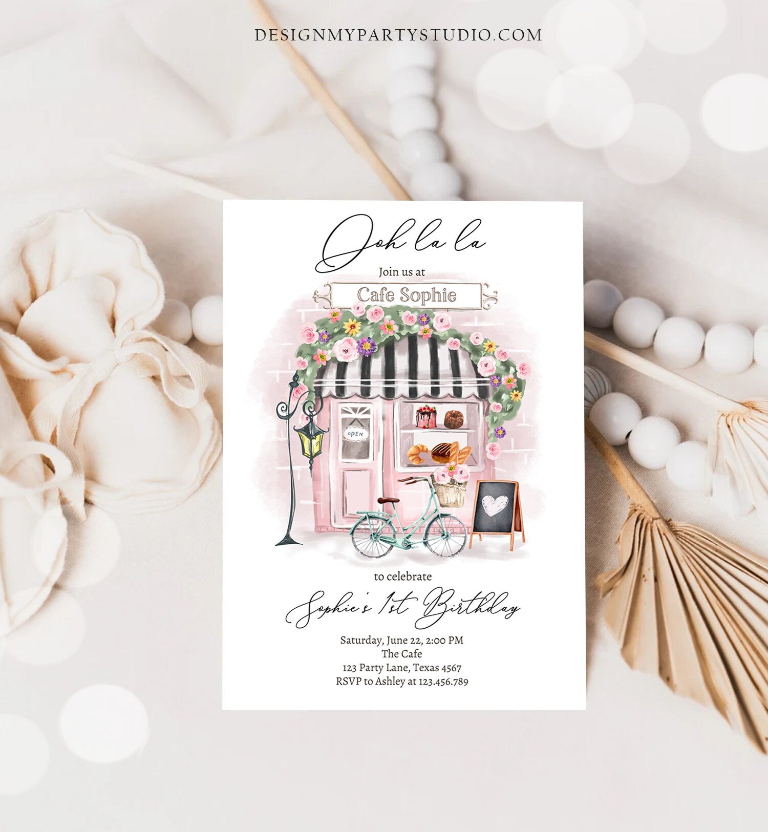 Editable Paris Birthday Invitation Girl Tea Party Invite Pink Floral French Parisian Cafe Patisserie Printable Template Corjl Digital 0441