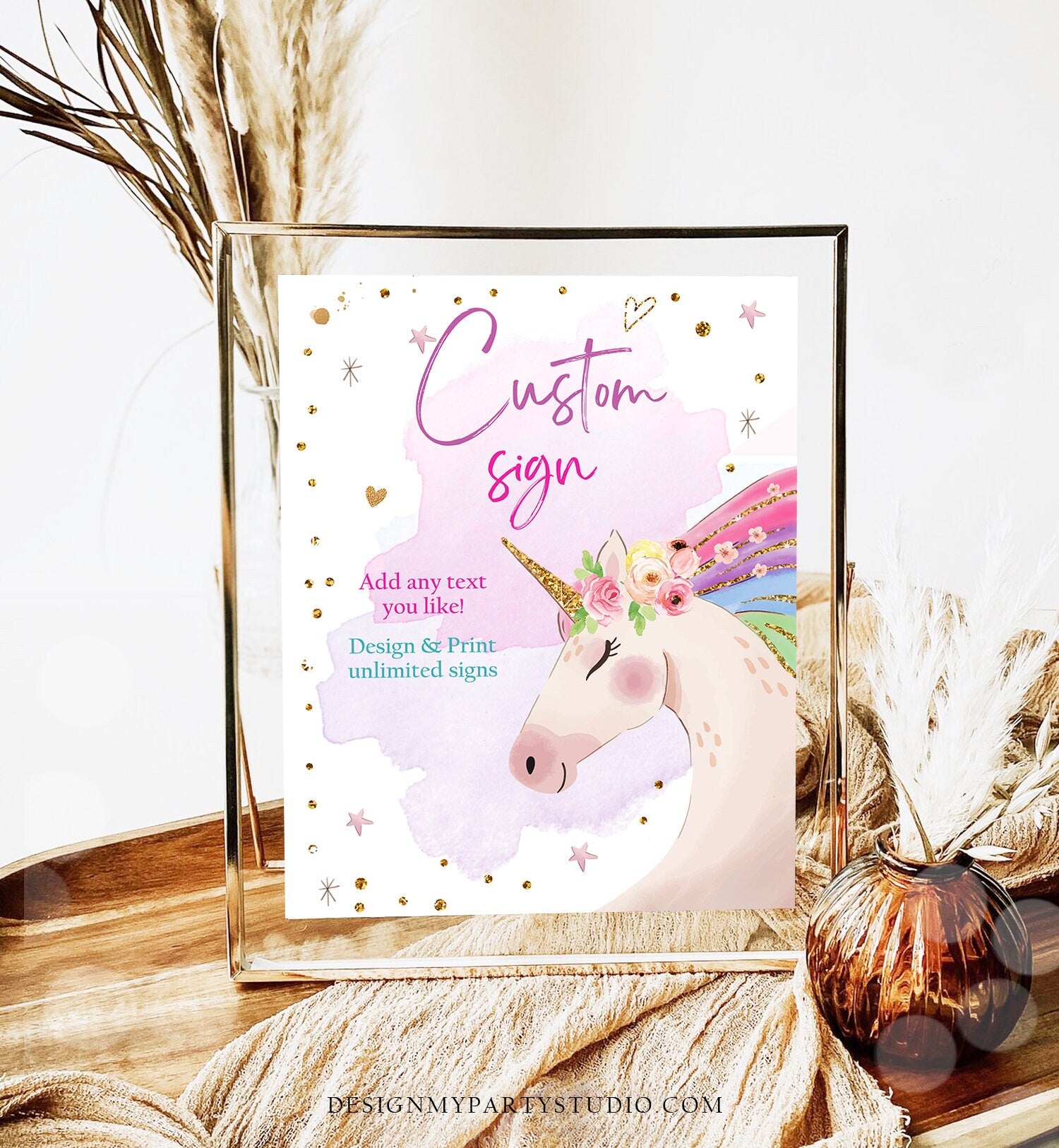 Editable Custom Sign Unicorn Birthday Magical Unicorn Party Decor Girl Pink Pastel Unicorn Party Signs 8x10 Download PRINTABLE Corjl 0411