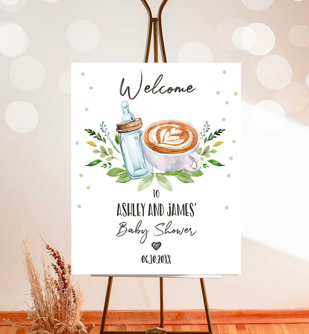 Editable A Baby is Brewing Welcome Sign Brewing Baby Shower Bottle and Beers Coed Couples Cappuccino Coffee Neutral Corjl Template 0190