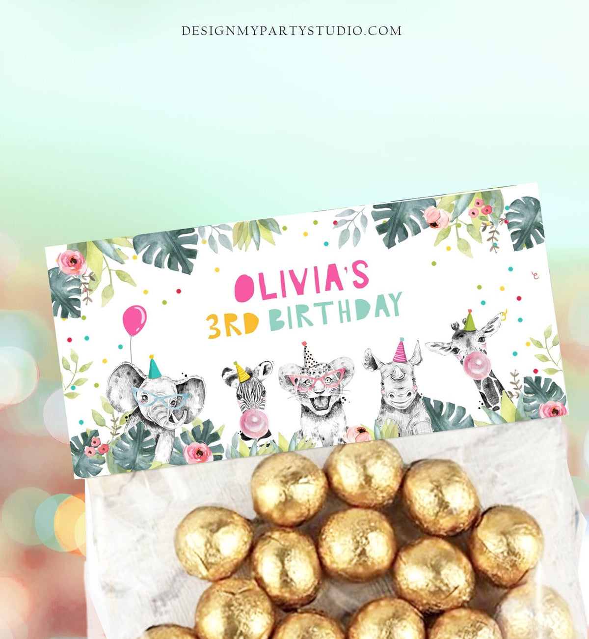 Editable Party Animals Treat Bag Toppers Safari Animals Birthday Girl Pink Wild One Favor Bag Zoo Two Wild Digital Template Printable 0322