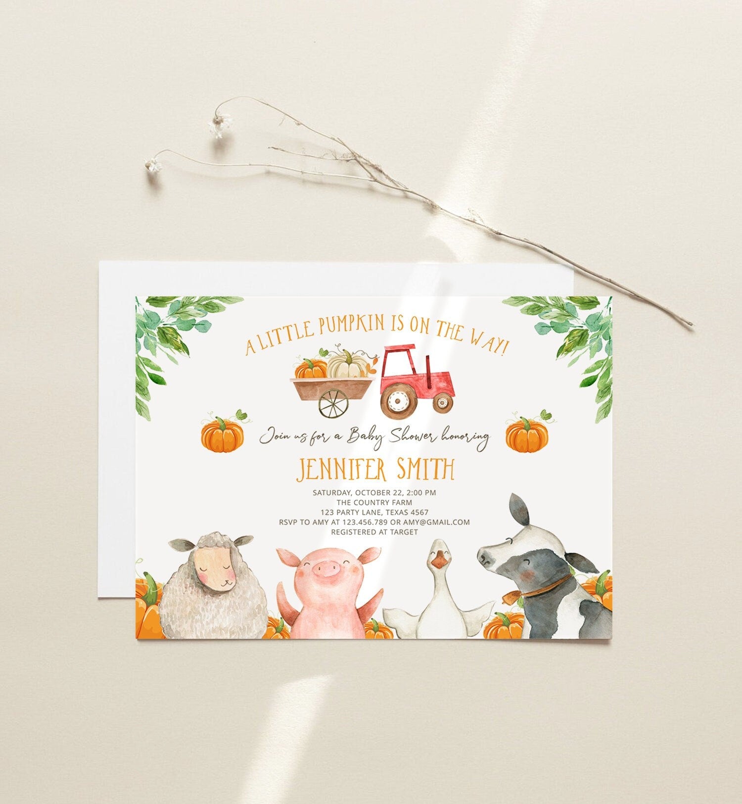 Editable Farm Baby Shower Invitation Pumpkin Gender Neutral Red Truck Farm Animals Barnyard Fall Digital Download Template Printable 0155