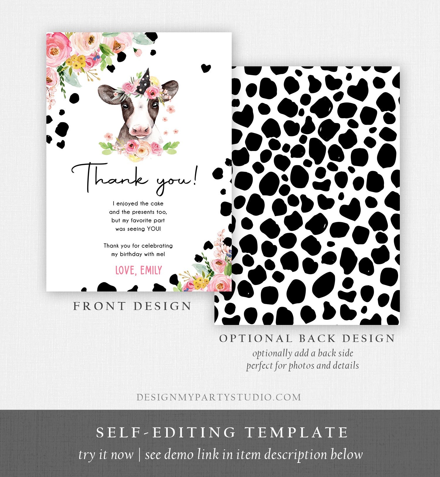 Editable Cow Thank You Card Birthday Girl Farm Animals Pink Floral Barnyard Party Holy Cow Party 1st Download Printable Template Corjl 0434