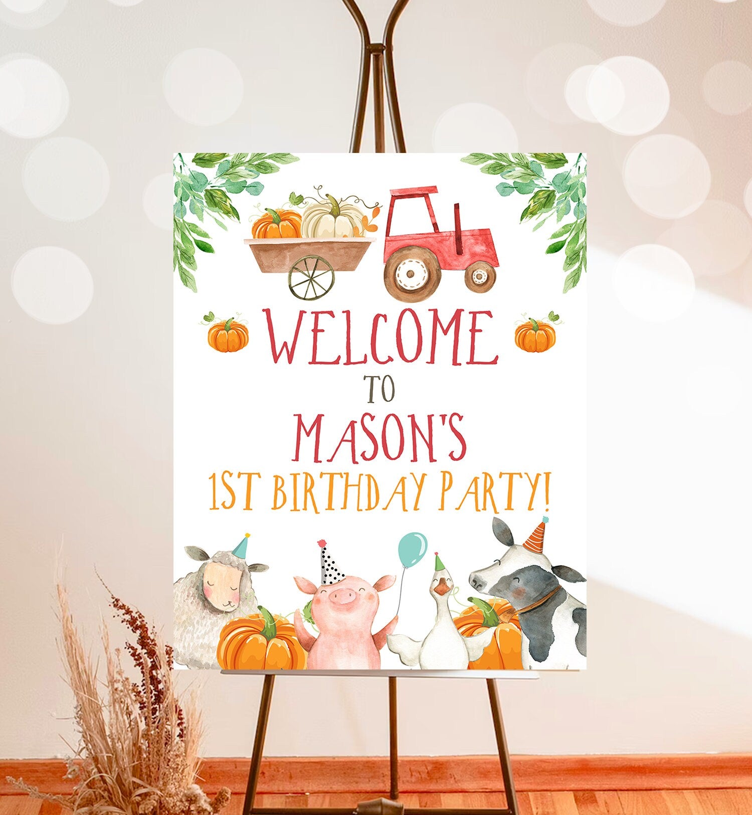 Editable Pumpkin Farm Birthday Welcome Sign Barnyard Birthday Farm Animals Fall Boy Neutral Red Tractor Corjl Template PRINTABLE 0155