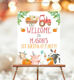 Editable Pumpkin Farm Birthday Welcome Sign Barnyard Birthday Farm Animals Fall Boy Neutral Red Tractor Corjl Template PRINTABLE 0155