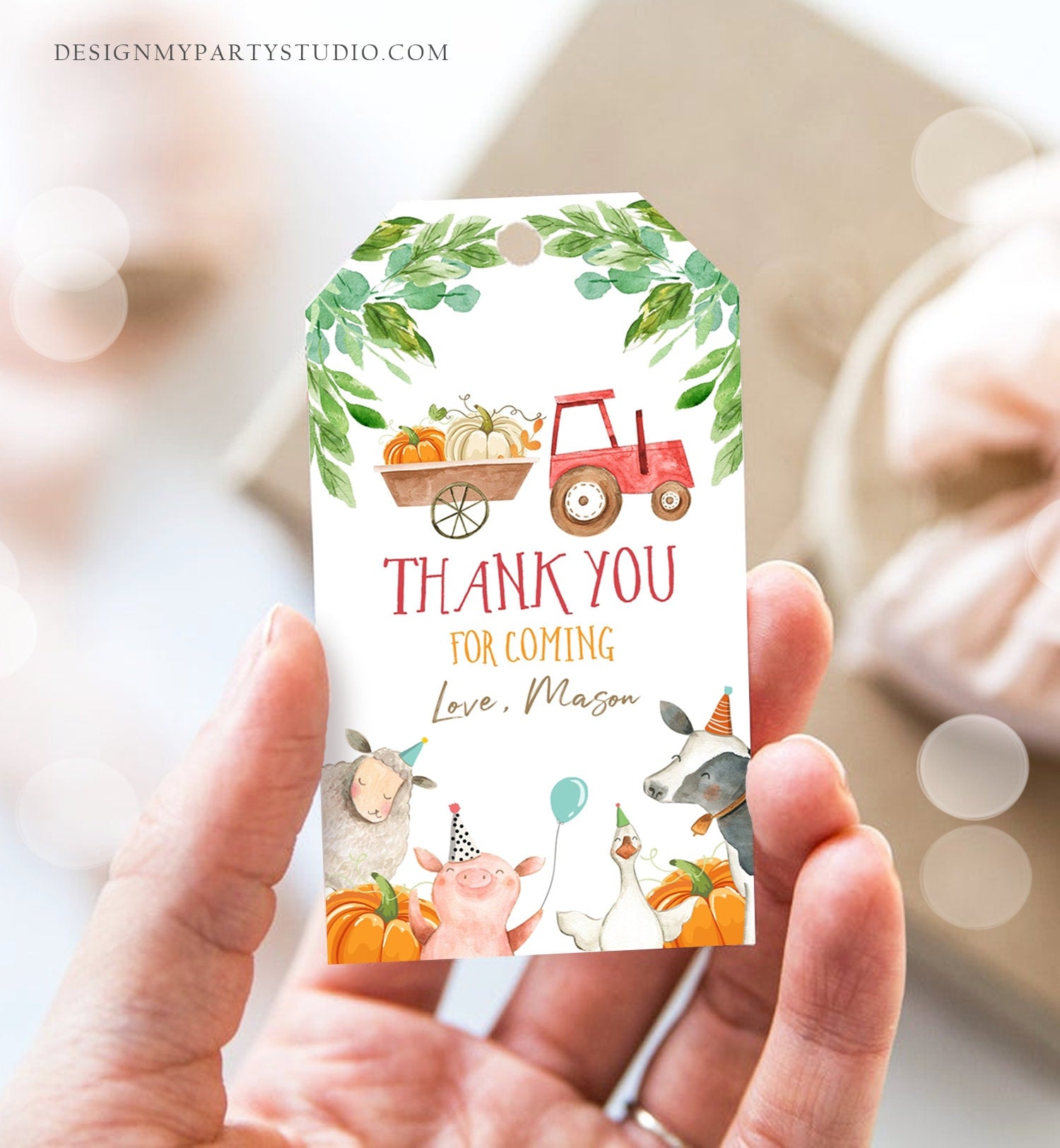 Editable Pumpkin Farm Favor Tags Tags Boy Red Tractor Birthday Thank You Barnyard Fall Gift Tags Farm Birthday Template PRINTABLE Corjl 0155