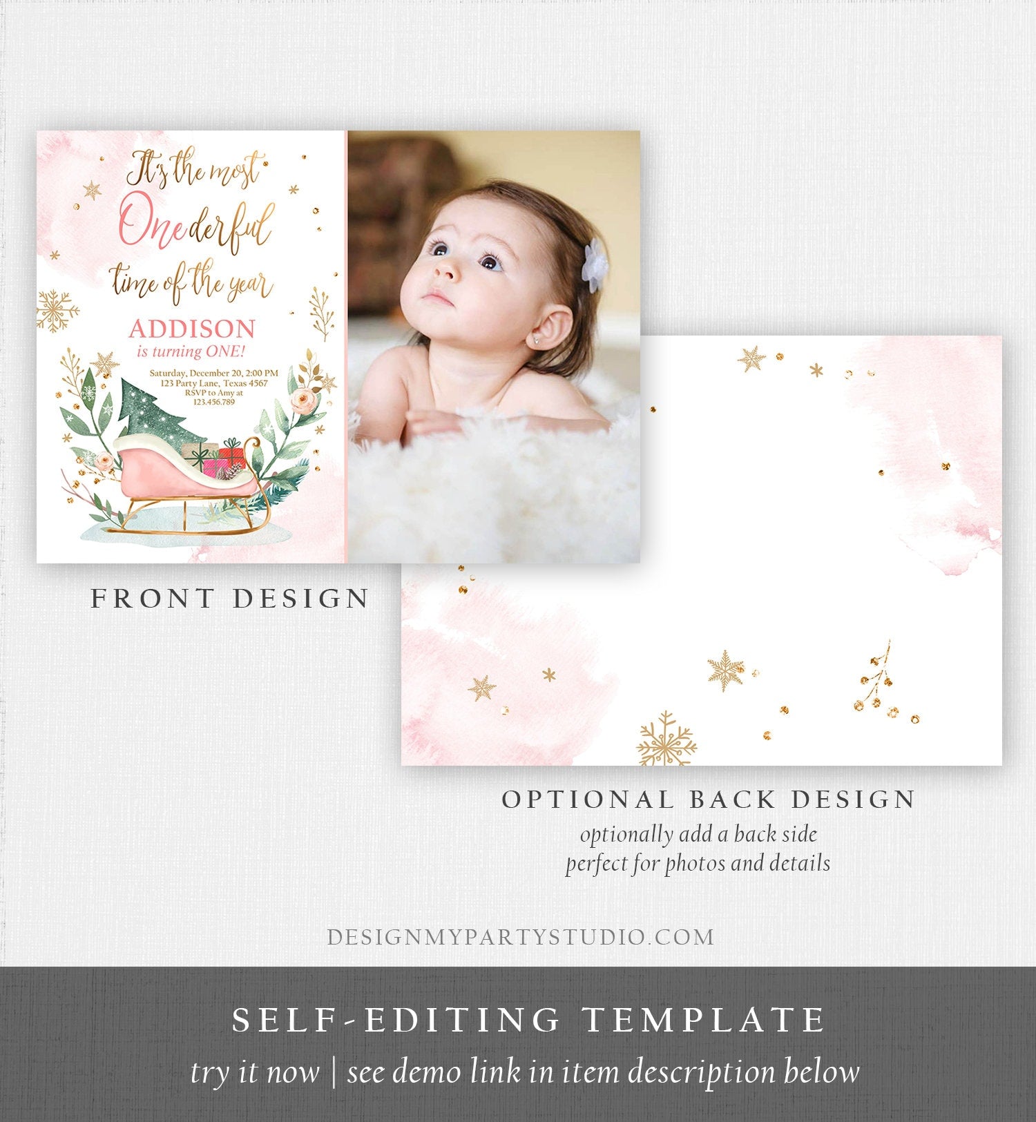 Editable Most Onederful Time of The Year 1st Birthday Invitation Winter Christmas Party Sleigh Trees Girl Pink Printable Template DIY 0353