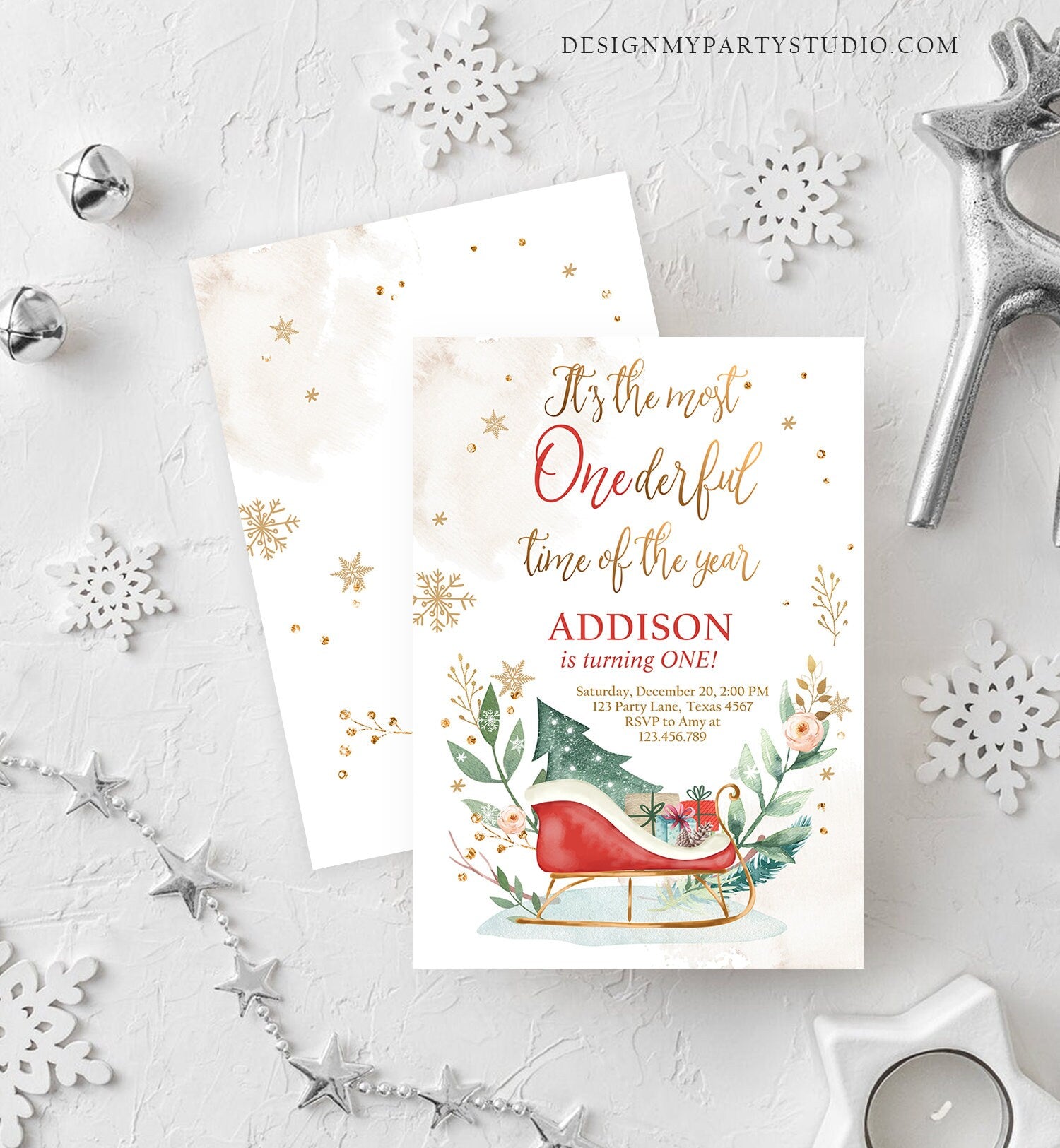 Editable Most Onederful Time of The Year 1st Birthday Invitation Winter Christmas Party Red Sleigh Tree Boy Girl Printable Template DIY 0353