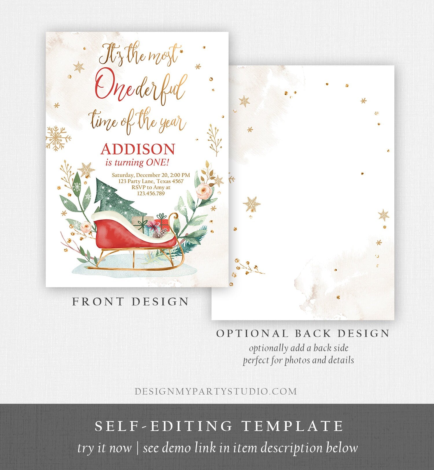 Editable Most Onederful Time of The Year 1st Birthday Invitation Winter Christmas Party Red Sleigh Tree Boy Girl Printable Template DIY 0353