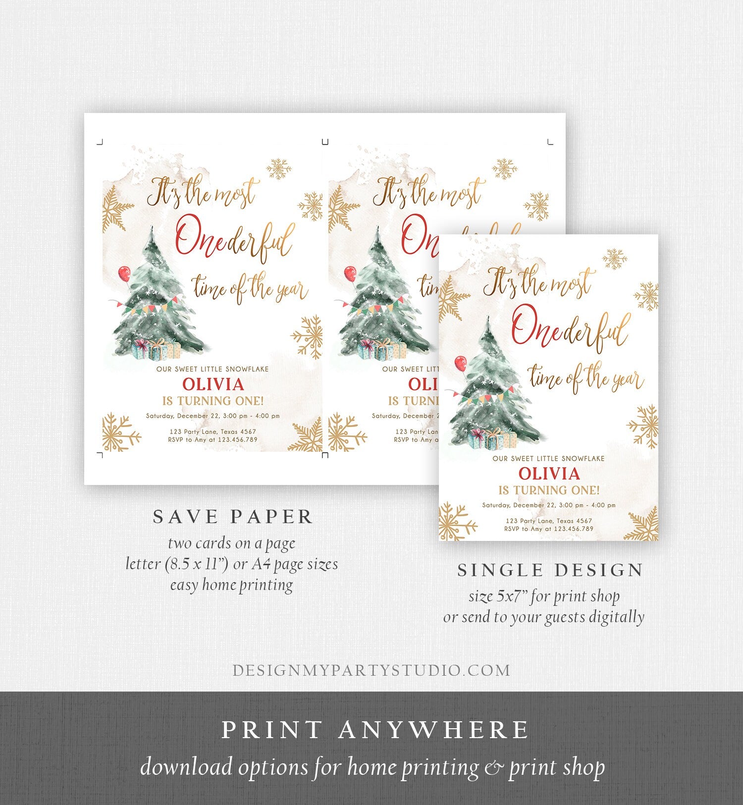 Editable Winter ONEderland Birthday Invitation First Birthday 1st Most Onederful Time Red Gold Tree Christmas Snowflake Corjl Template 0363