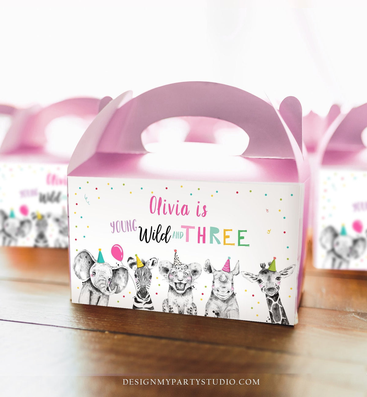 Editable Party Animals Gable Box Label Safari Animals 3rd Birthday Gift Box Labels Young Wild and Three Girl Download Printable Corjl 0390