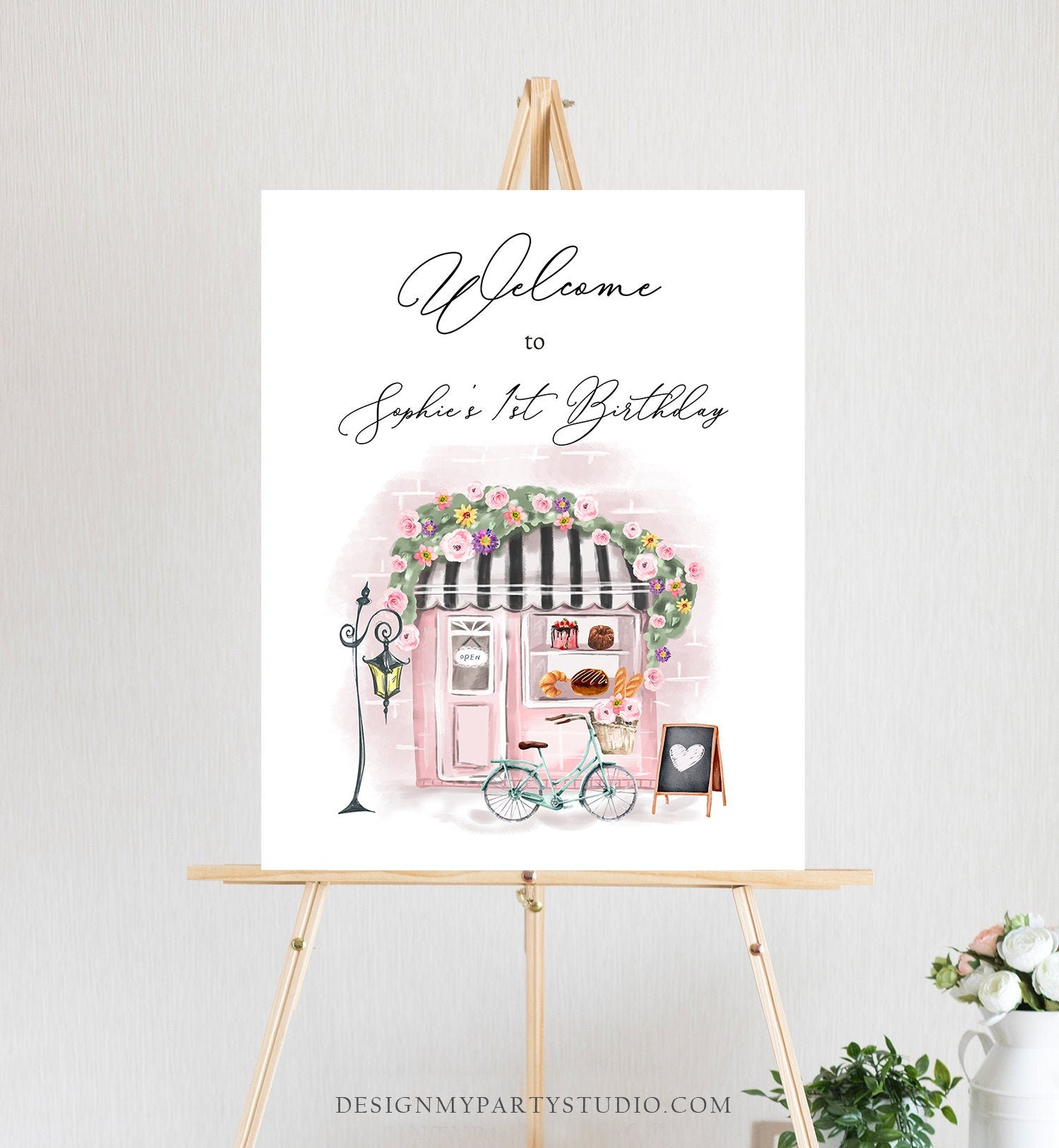 Editable French Birthday Welcome Sign Patisserie Tea Party Birthday Floral Pink France Paris Party Parisian Template PRINTABLE Corjl 0441