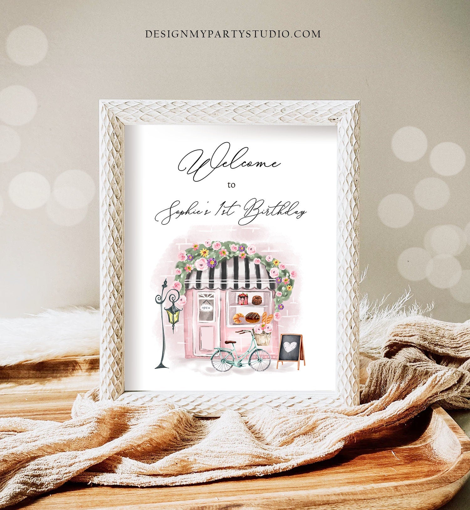 Editable French Birthday Welcome Sign Patisserie Tea Party Birthday Floral Pink France Paris Party Parisian Template PRINTABLE Corjl 0441