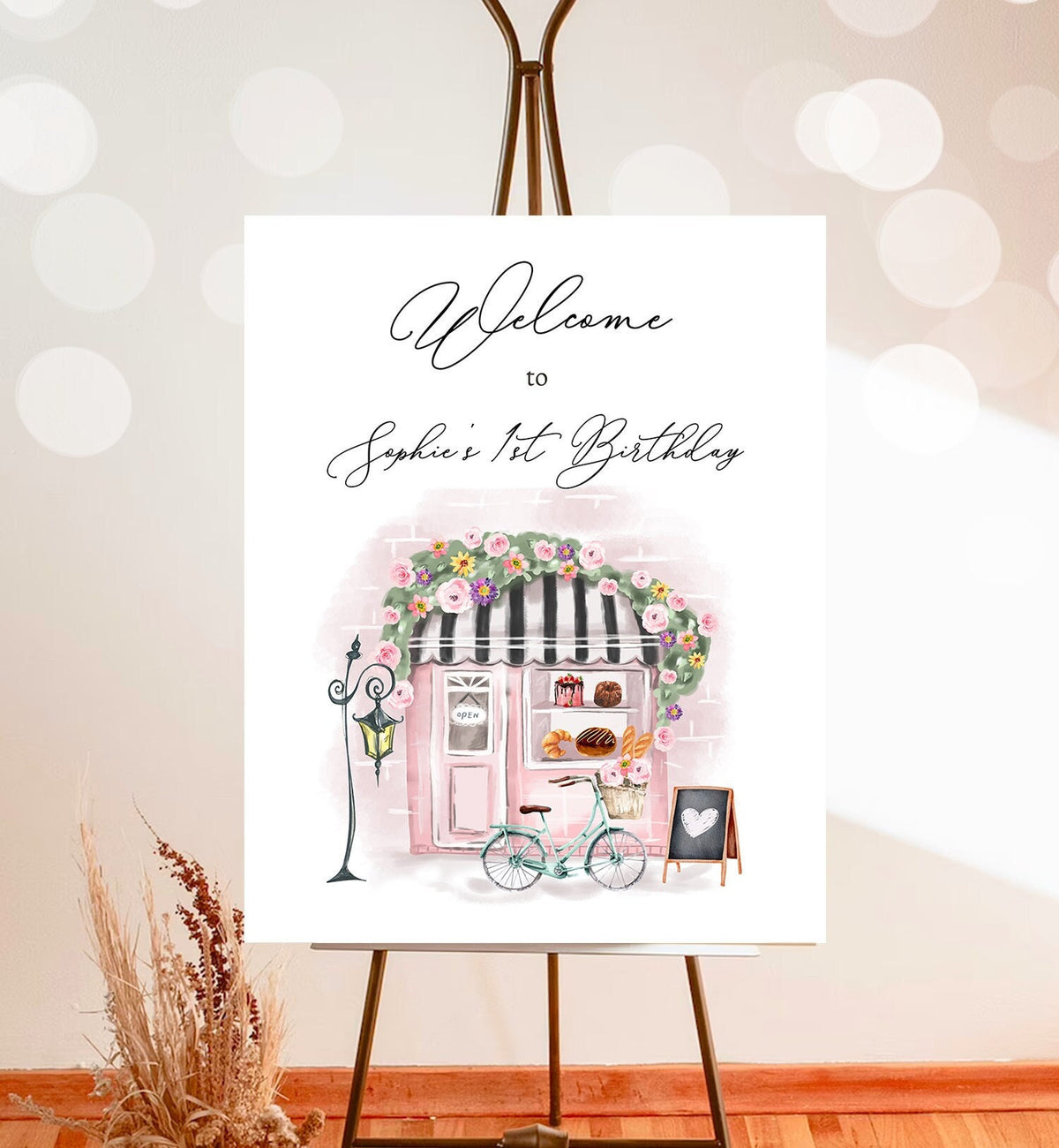 Editable French Birthday Welcome Sign Patisserie Tea Party Birthday Floral Pink France Paris Party Parisian Template PRINTABLE Corjl 0441