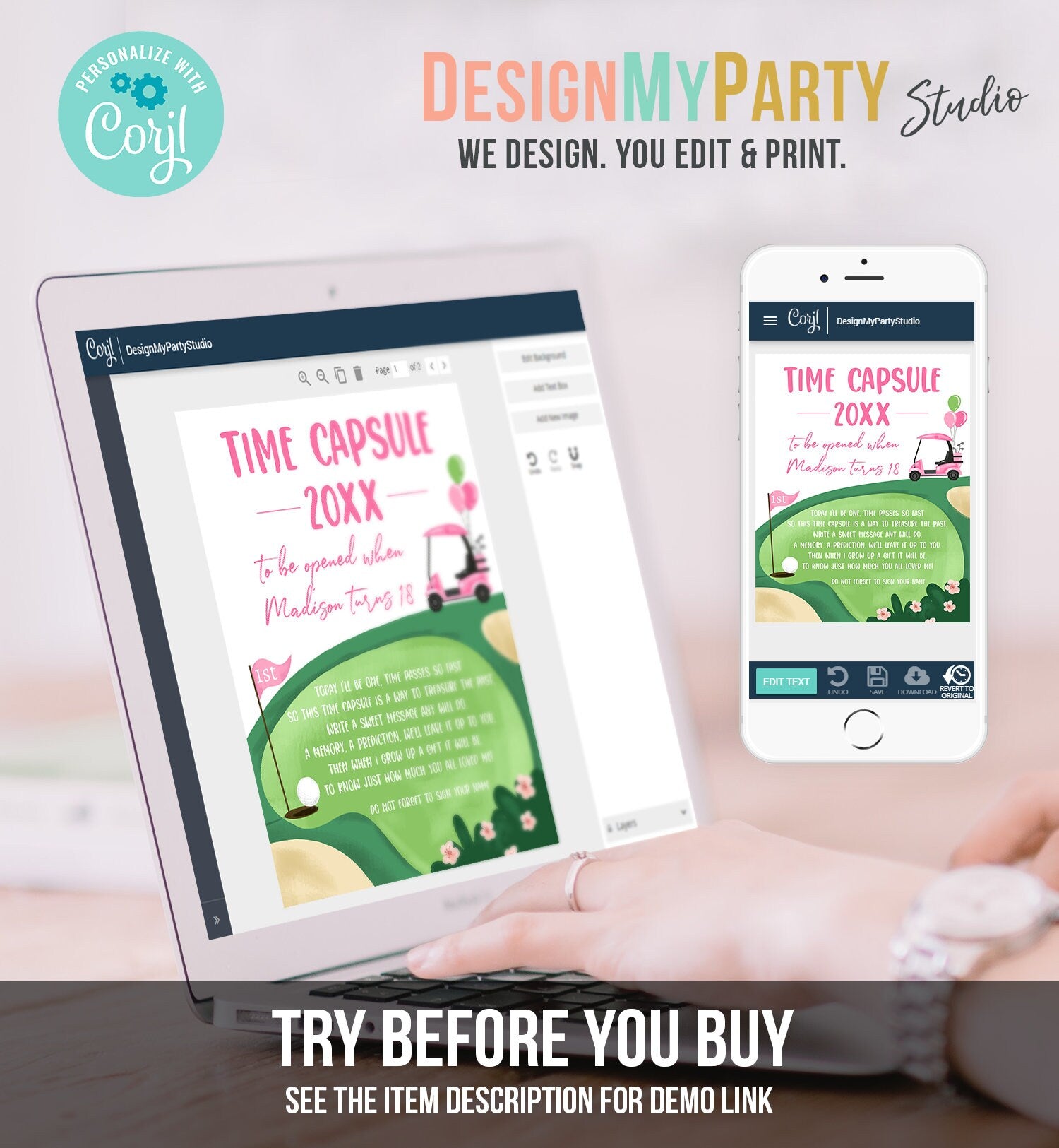 Editable Pink Golf Time Capsule First Birthday Party Hole in One Birthday First Par-tee Guestbook Golfing Girl Template Printable Corjl 0405