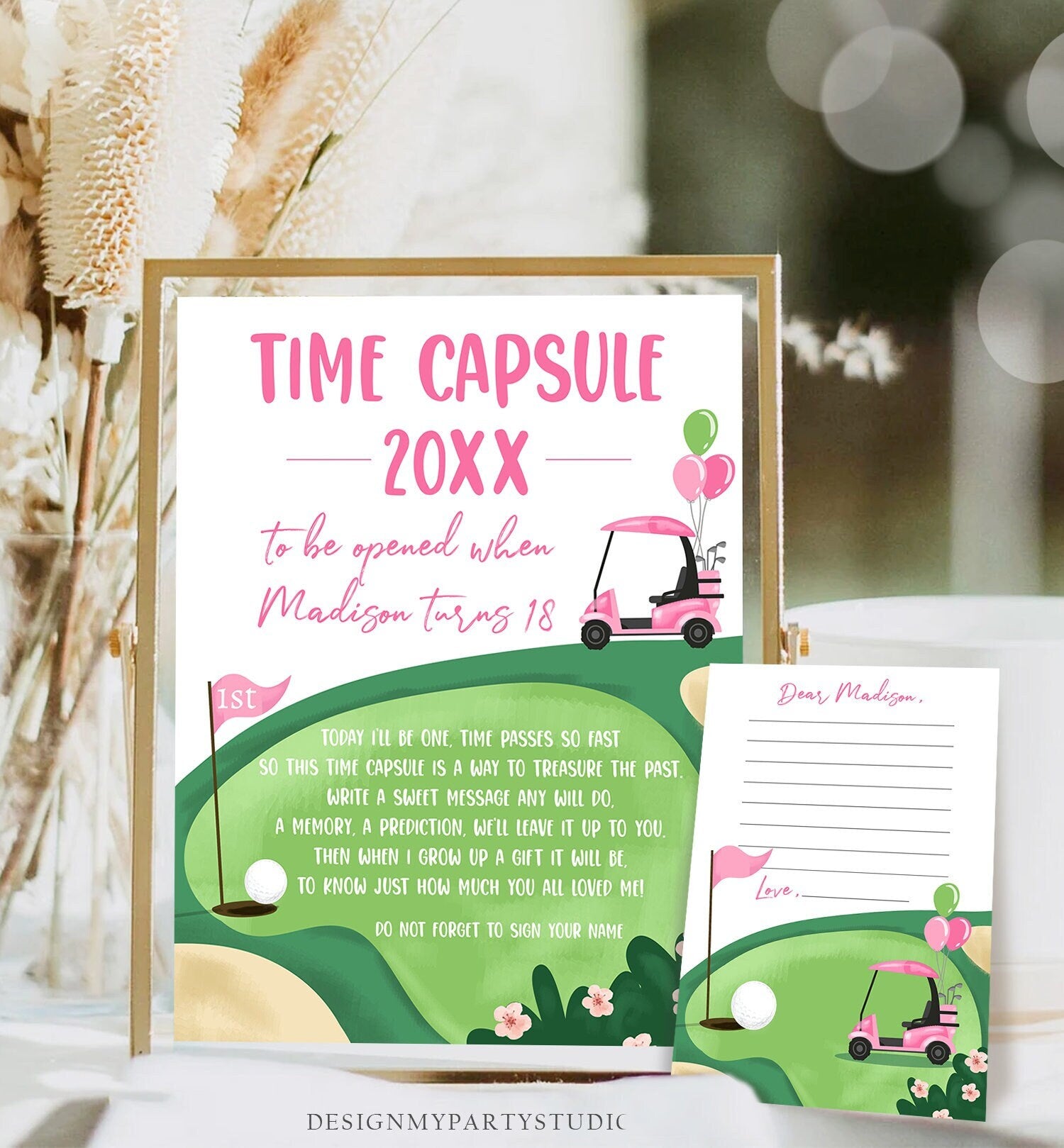 Editable Pink Golf Time Capsule First Birthday Party Hole in One Birthday First Par-tee Guestbook Golfing Girl Template Printable Corjl 0405