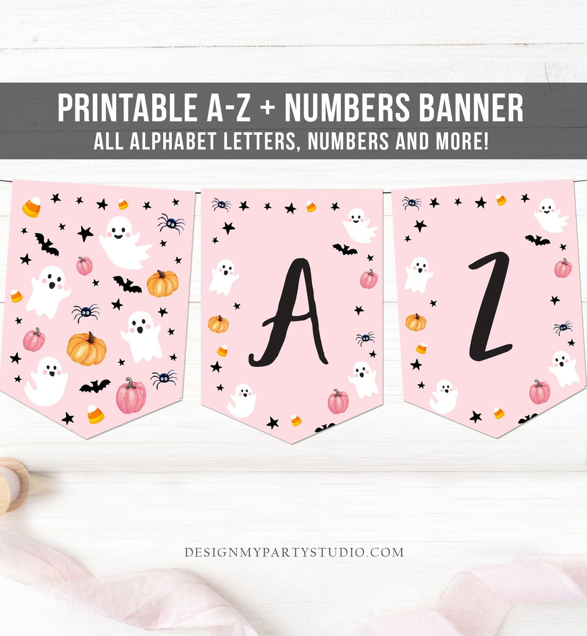 Ghost Halloween Banner A-Z Alphabet Numbers Banner Halloween Pumpkin Hey Boo Pink Ghost Girl Decor Birthday Party Download Printable 0418