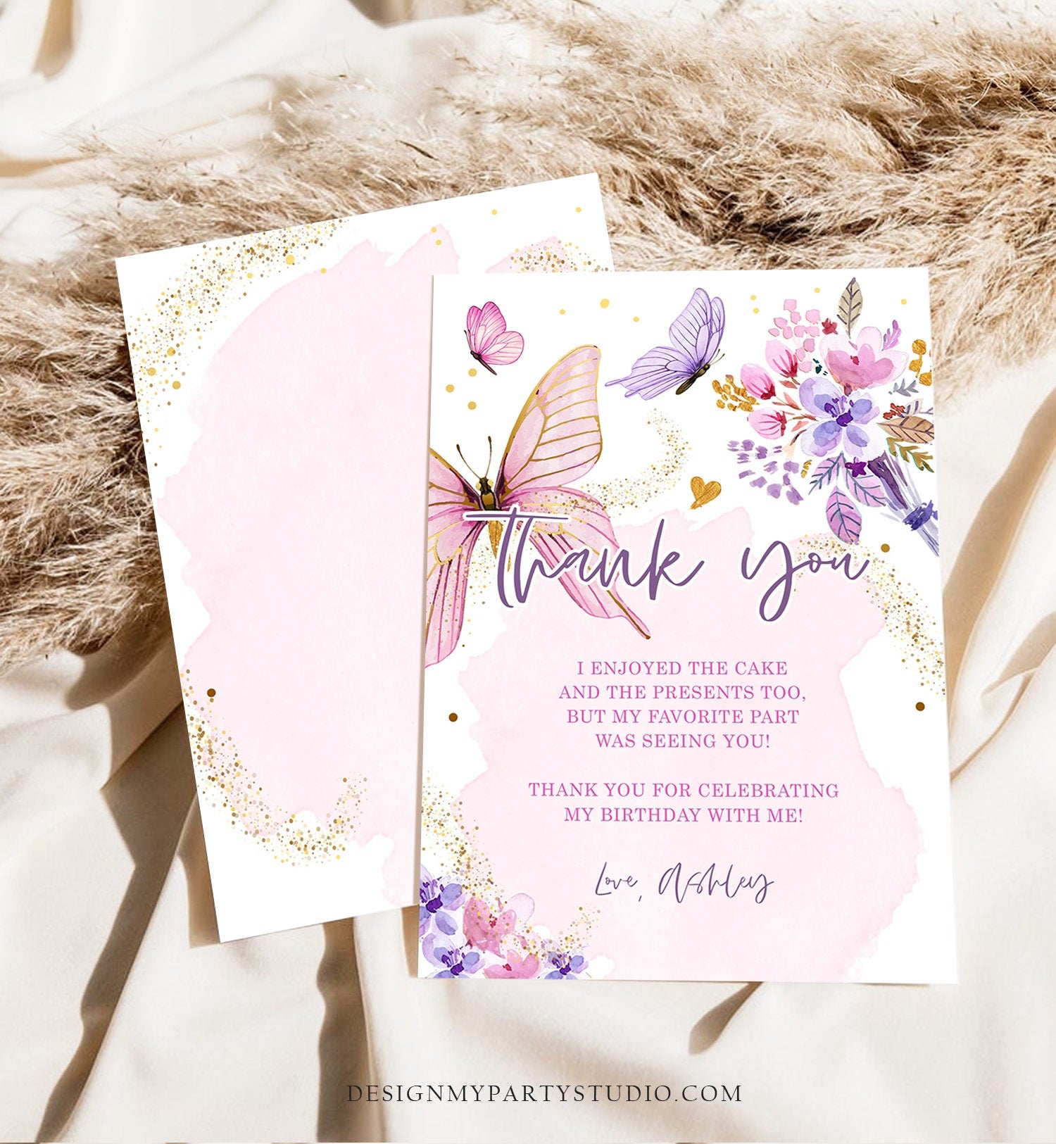 Editable Butterfly Thank You Card Girl Butterfly Kisses Thanks Baby Shower Birthday Party Floral Pink Download Printable Template Corjl 0437