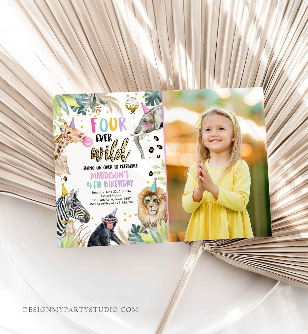 Editable Four Ever Wild Birthday Invitation Leopard Safari Animals Zoo 4th Birthday Party Animals Download Printable Template Corjl 0417