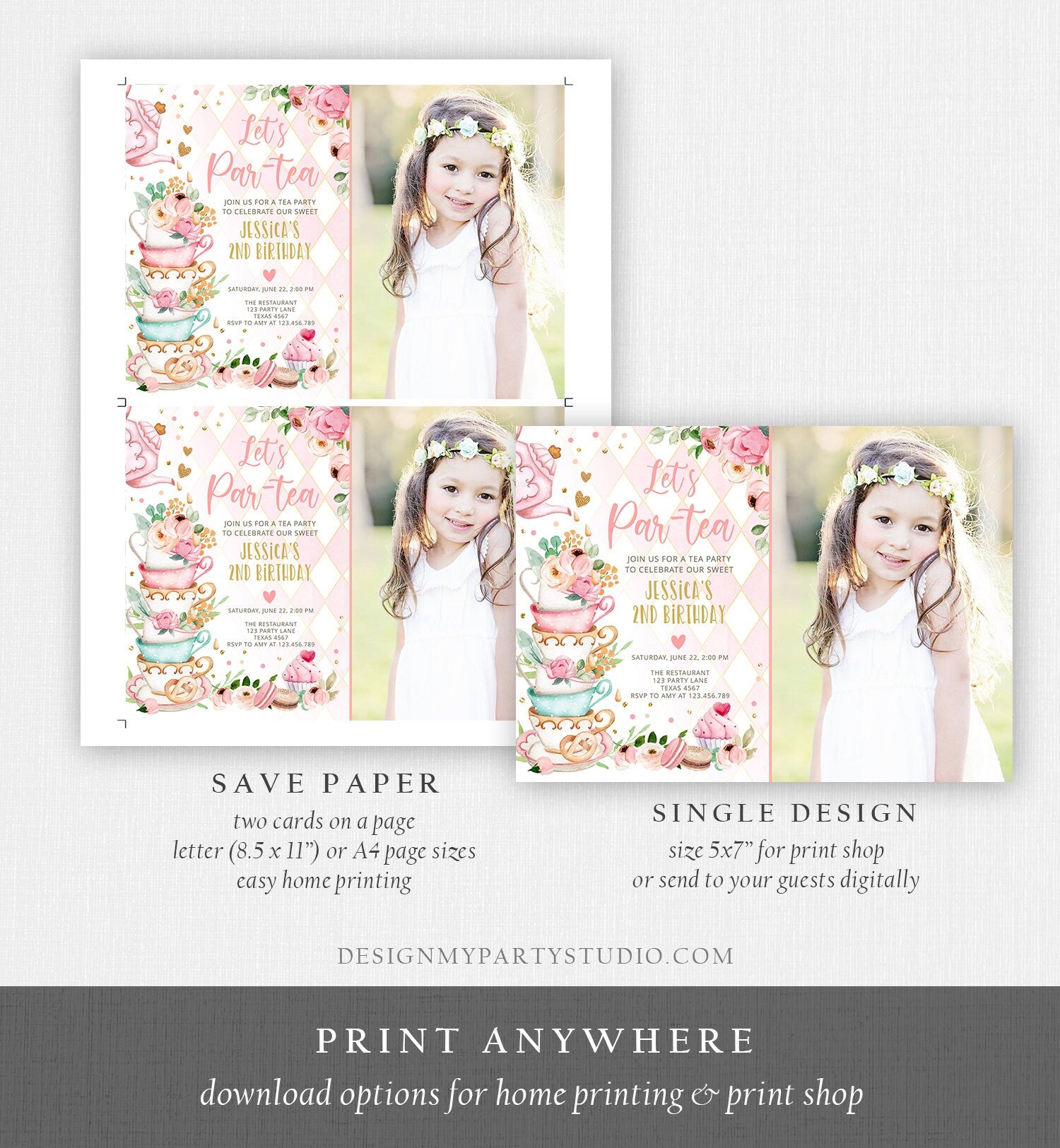 Editable Tea Party Birthday Invitation Girl Par-Tea Invite Floral Pink Whimsical Tea Photo Download Printable Template Corjl Digital 0349