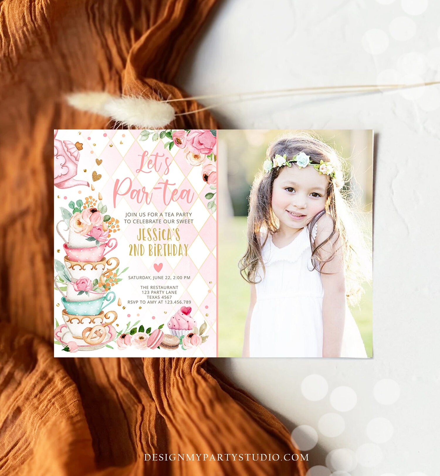 Editable Tea Party Birthday Invitation Girl Par-Tea Invite Floral Pink Whimsical Tea Photo Download Printable Template Corjl Digital 0349