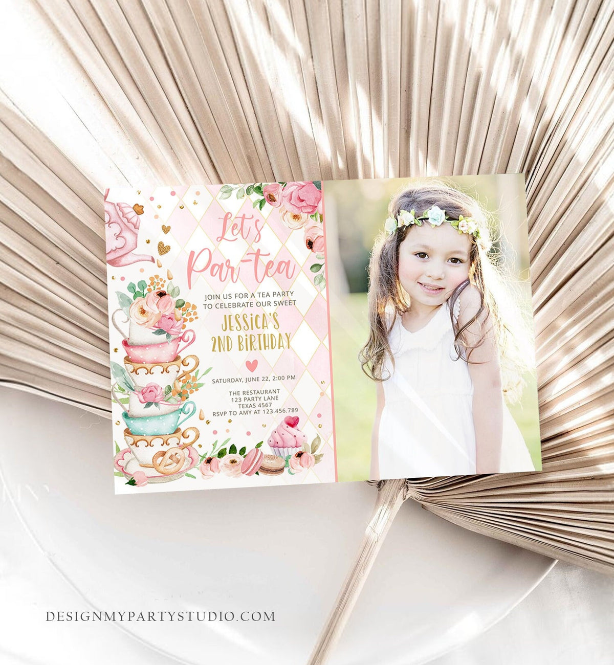 Editable Tea Party Birthday Invitation Girl Par-Tea Invite Floral Pink Whimsical Tea Photo Download Printable Template Corjl Digital 0349